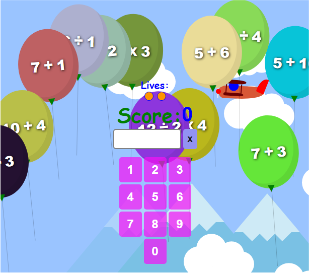 Balloons and Math games for kids, representing Addition, subtraction, multiplication and division