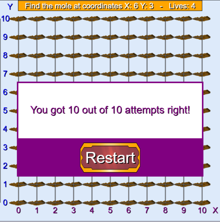 Finding the coordinates math games, restart screen