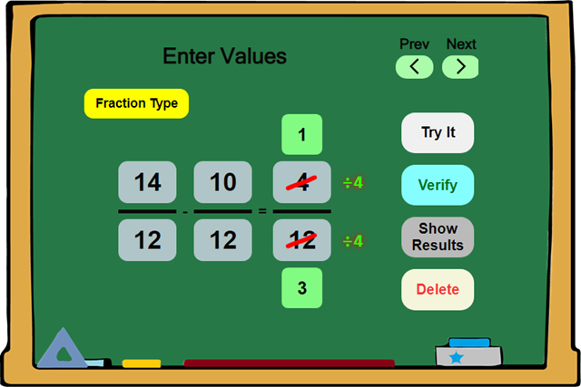 Subtracting Like Fractions Board - Online Practice Tool