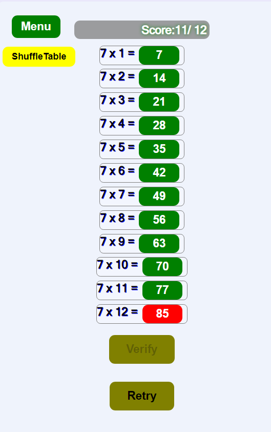 Multiplication Tables Math Game