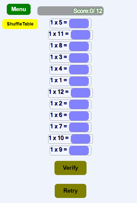 Multiplication chart Math Game button to shuffle the tables