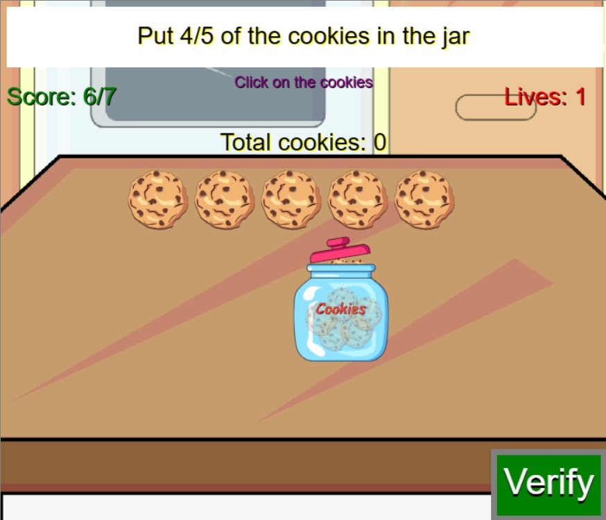 fraction game, putting 4/5 cookies into the cookies jar