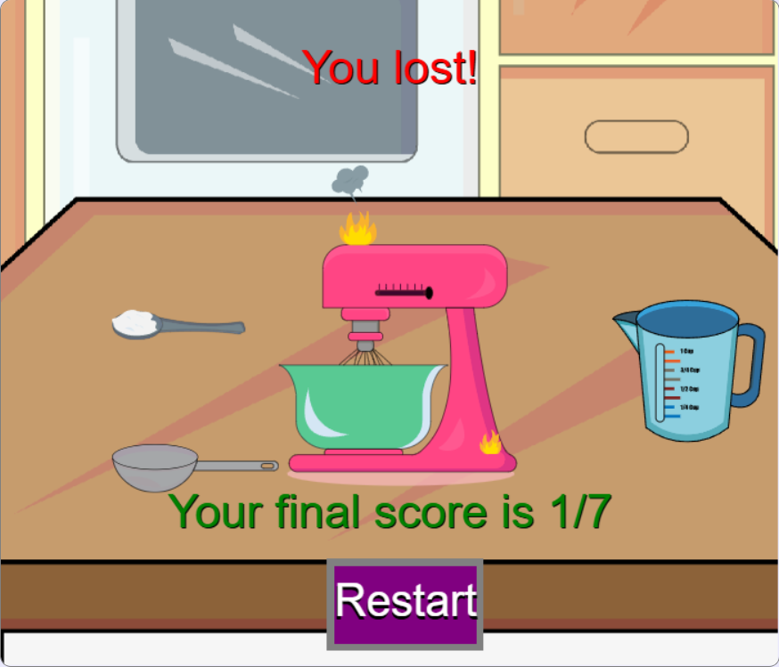 fractions with cooking game, you lost
